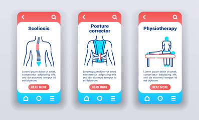 Treating back problems on mobile app onboarding screens. UI UX GUI template