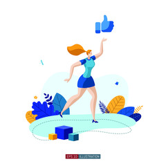 Trendy flat illustration. Girl with like. Concept for social media. Template for your design works. Vector graphics.