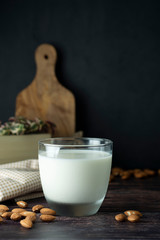 Almond milk - alternative to clasic milk. A glass with almond milk and almond nuts. Dark food photo with copy space. Healthy, vegan milk.