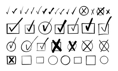 Set of hand drawn check signs with check box and markers. 