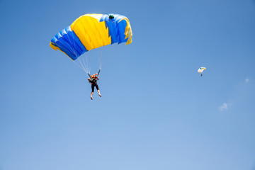 Skydiver soars in the blue sky. Acceptance
