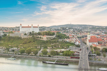 Beautiful view of the Bratislava castle on the banks of the Danube in the old town of Bratislava, Slovakia on a sunny summer day