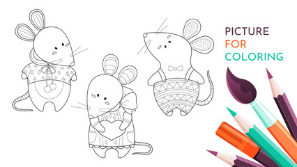 Cute rats in clothes. Page for coloring book, greeting card, print and poster. Hand-drawn vector illustration.