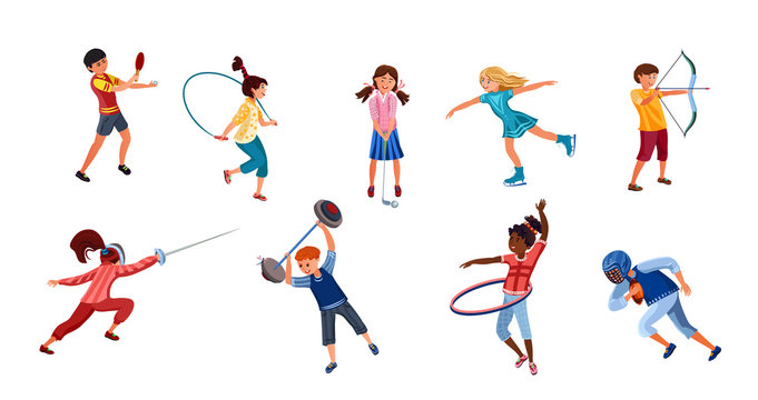 Set of children doing various kinds of sports activities. Vector illustration in flat cartoon style