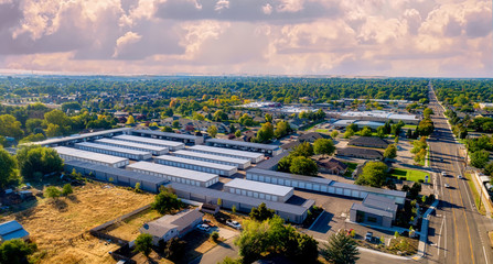 Looming clouds over a local storage facility in a small town