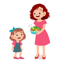 cute kids do not want eat salad