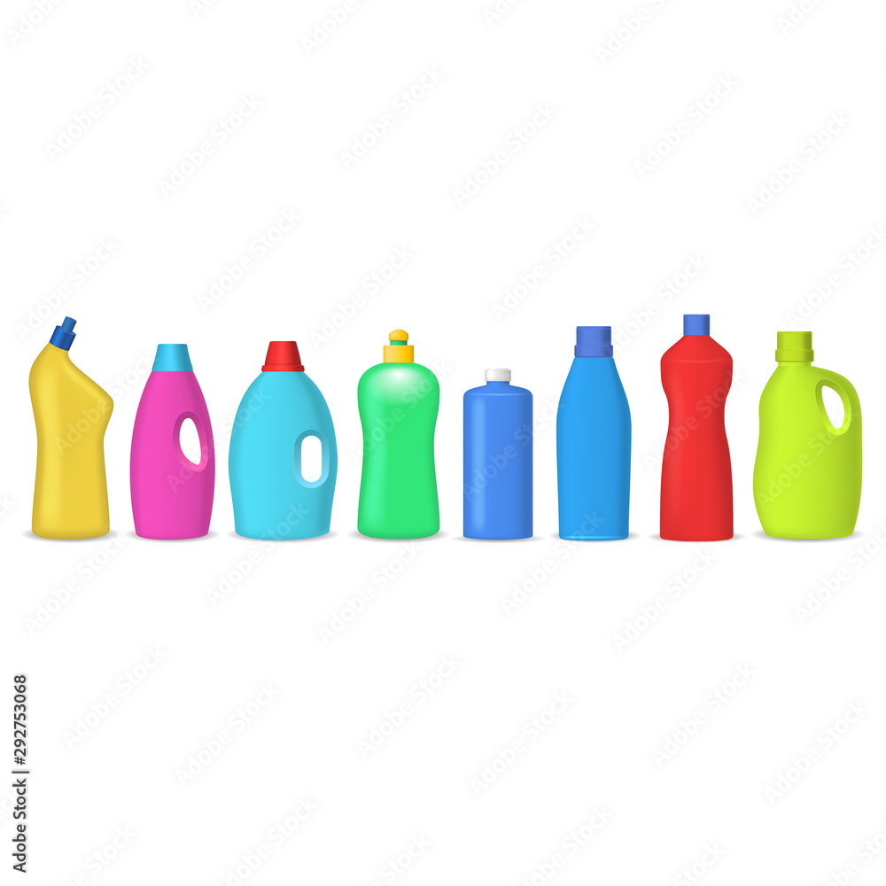 Poster realistic detailed 3d blank detergent bottles template mockup set in a row. vector