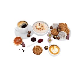 Coffee with fresh cake, cookies, chocolate and cakes