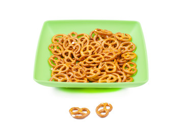 Salt pretzels isolated on white background.Copy space