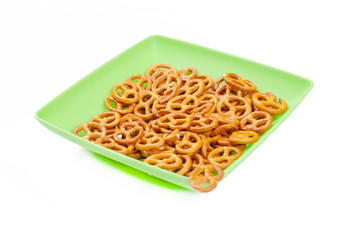 Salt pretzels isolated on white background.Copy space