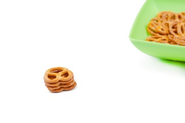 Salt pretzels isolated on white background.Copy space