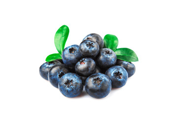 Blueberry isolated on white background. Heap berry with green leaf.