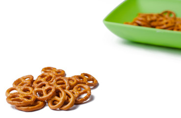 Salt pretzels isolated on white background.Copy space