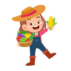 cute happy kid harvest fruit and vegetable