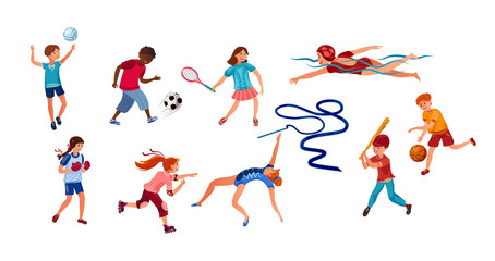 Fototapeta na wymiar Set of children doing various kinds of sports activities. Vector illustration in flat cartoon style