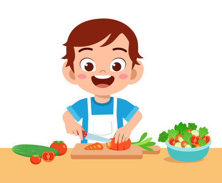 cute happy kid eat salad vegetable fruits