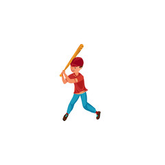 The teenage boy plays baseball in a red cap. Vector illustration in the flat cartoon style