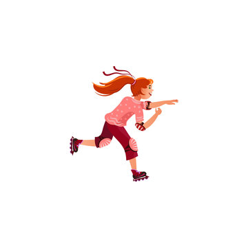 The teenage girl roller skating. Vector illustration in the flat cartoon style