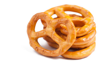 Salt pretzels isolated on white background.Copy space