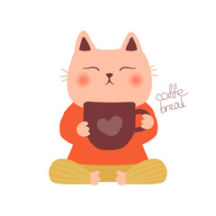 Funny cat drinks coffee. Vector hand drawn illustration.