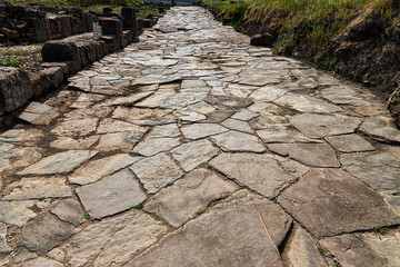 Ancient Roman road. Street in the Roman ruins of Baelo Claudia, located near Tarifa. Andalucia....
