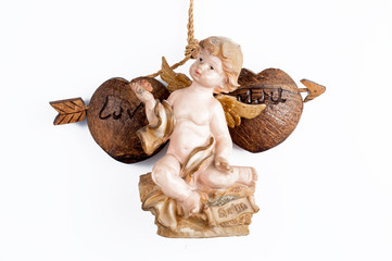 Wooden hearts  and angel isolated on white background.Love background.Copy space