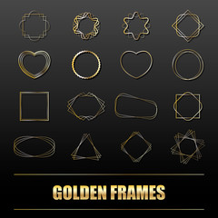 Big set of gold metal frames for banners, cards, invitations, weddings and holidays. Geometric shapes circle, heart, square, star. Vector isolated objects on a black background.