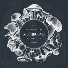 Vintage wreath design with hand drawn mushrooms. Autumn forest vector background. Perfect for recipe, menu, label, icon, packaging. Vintage mushrooms template with geometric elements.
