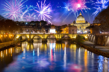 Fireworks display over the Vatican city with Saint Angelo Bridge, Rome. Italy - obrazy, fototapety, plakaty