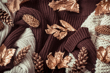 Autumn background with cozy sweaters and gold leaves .