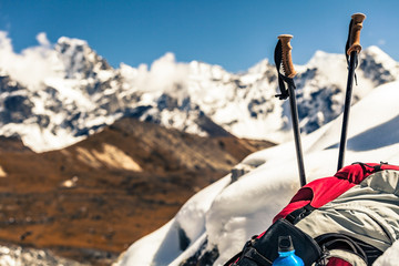Hiking and camping gear in mountains