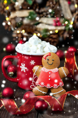 Christmas gingerbread cookies  with hot chocolate and marshmallows