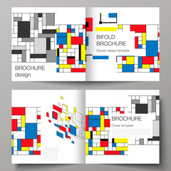The vector illustration of two covers templates for square design bifold brochure, magazine, flyer, booklet. Abstract polygonal background, colorful mosaic pattern, retro bauhaus de stijl design.