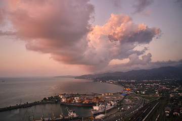 Batumi, Georgia. Sunset at sea. Clouds and drone shooting