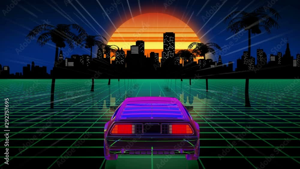 Poster bright retro futuristic world of computer space in the style of science fiction of the 80s. the move