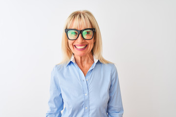 Middle age businesswoman wearing sunglasses and shirt over isolated white background with a happy face standing and smiling with a confident smile showing teeth