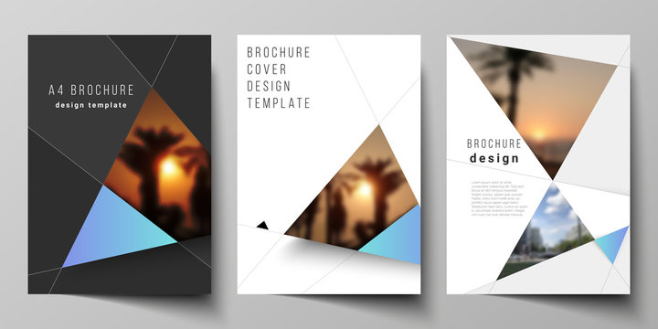 The vector layout of A4 format modern cover mockups design templates for brochure, magazine, flyer, booklet, report. Creative modern background with blue triangles and triangular shapes. Simple design