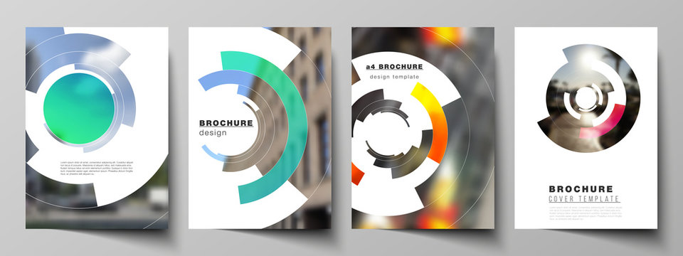 Vector layout of A4 format modern cover mockups design templates for brochure, magazine, flyer, booklet, report. Futuristic design circular pattern, circle elements forming geometric frame for photo.