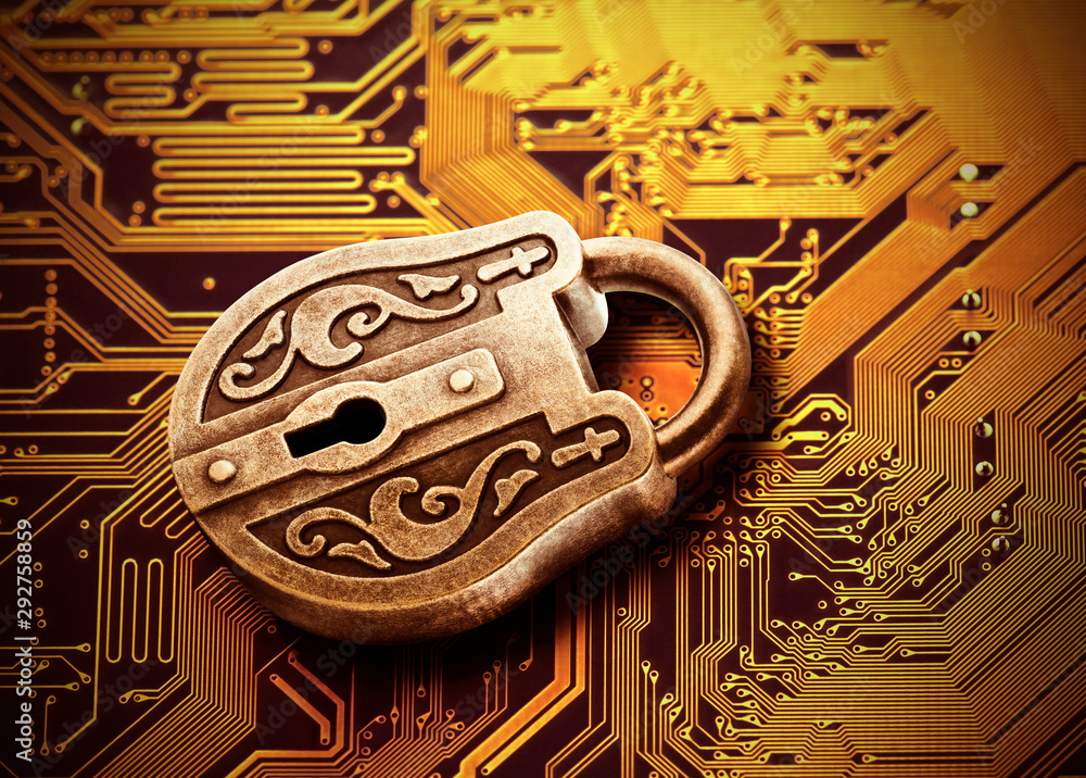 Poster computer security concept. old mysterious padlock on computer circuit board