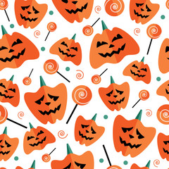 Halloween seamless pattern with flat icons on a white background. Vector illustration