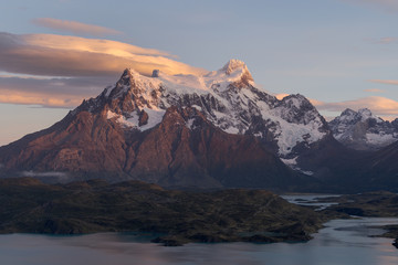 Fototapeta na wymiar Beautiful light bathes Paine Grande Peak in Torres del Paine National Park Chile. Patagonia.