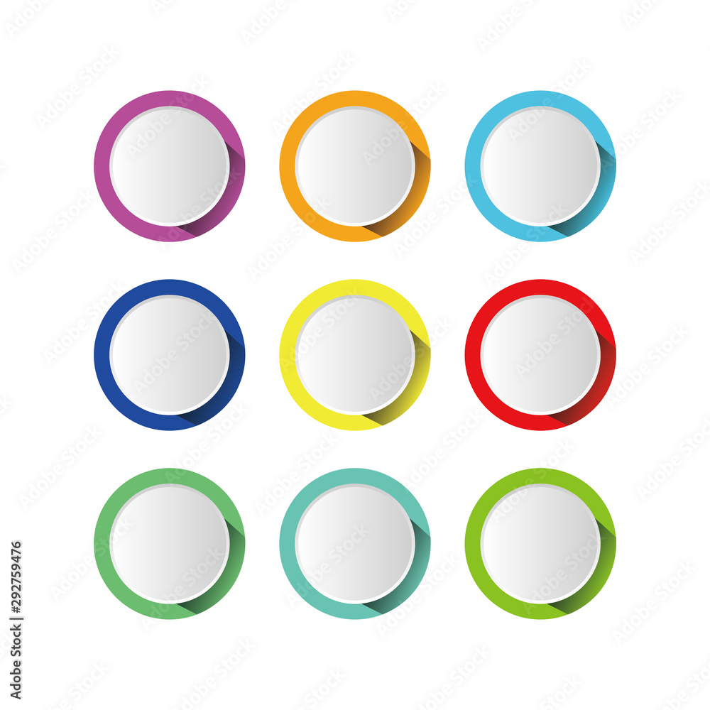 Poster set of buttons. color banners with shadow in circle for web
