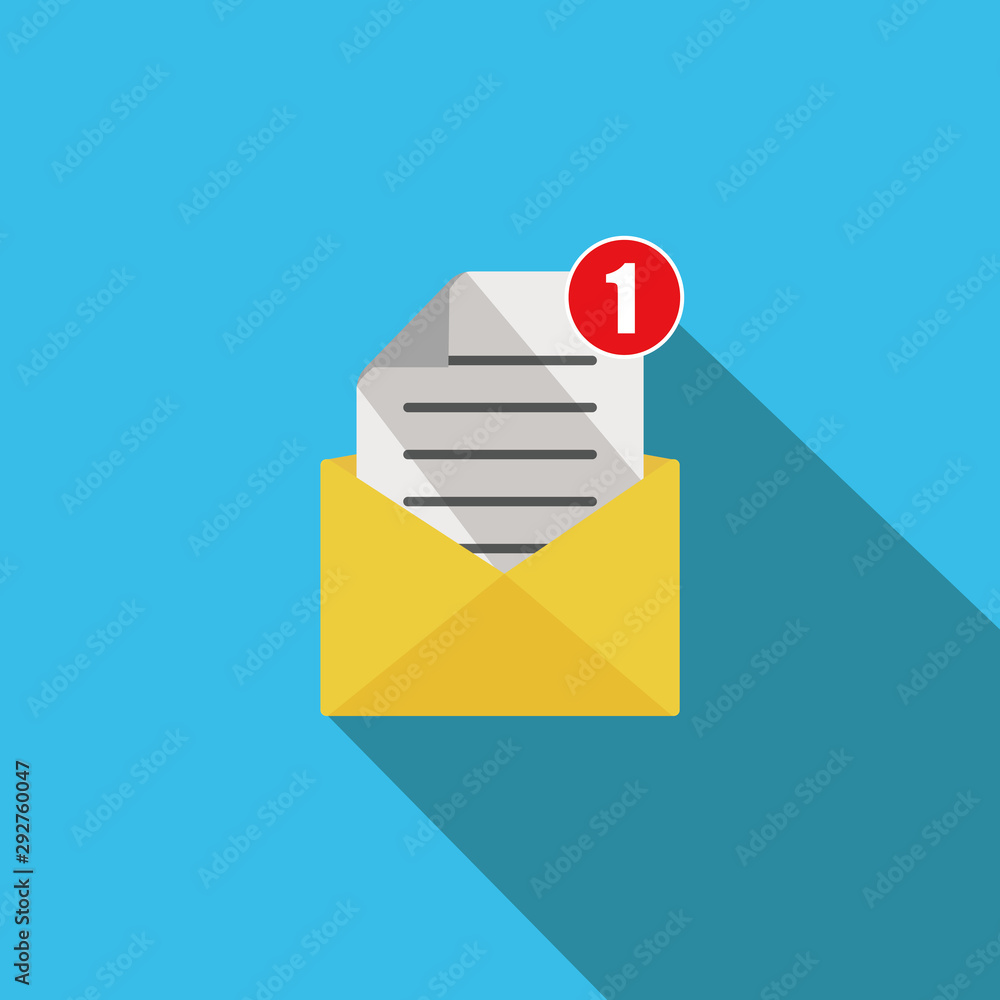 Poster open envelope with a paper document. flat illustration isolated and color background