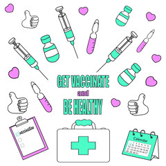 Hand-drawn colored vector illustration about need of  vaccination with elements of medicine equipment (medicine kit, syringe, ampoule, phial) on white background