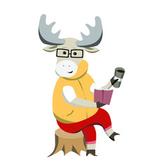 Flat illustration with character. Humanlike dressed elk with a cup of coffe and book on stump, voracious reader and coffeelover, fashionable and young, in trendy glasses, intelligent and smart.
