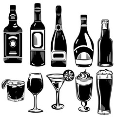 Vector hand drawn black and white set of bottles and glasses of alcoholic drinks. Whiskey, wine, liquor, champagne, beer bottles and glasses.In the graphic logo style isolated on white background.