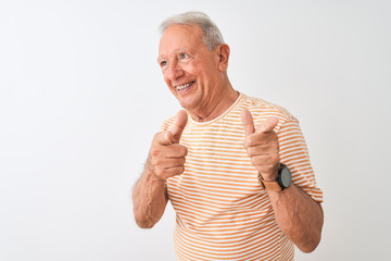 Senior grey-haired man wearing striped t-shirt standing over isolated white background pointing fingers to camera with happy and funny face. Good energy and vibes.