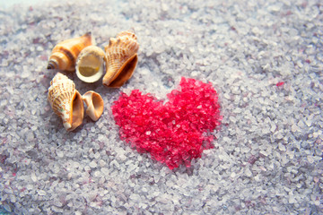sea salt and seashells. Red heart on a sand