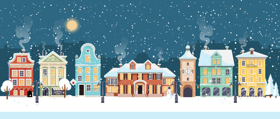 Snowy Christmas night in cozy town city panorama. Winter village holiday landscape, vector illustration