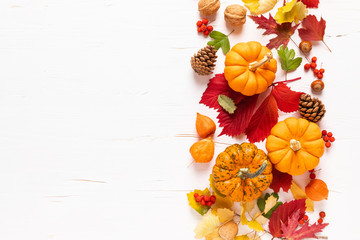 Festive autumn pumpkins decor with fall leaves, berries, nuts on white background. Thanksgiving day or halloween holiday, harvest concept. Top view flat lay composition with copy space for greeting
